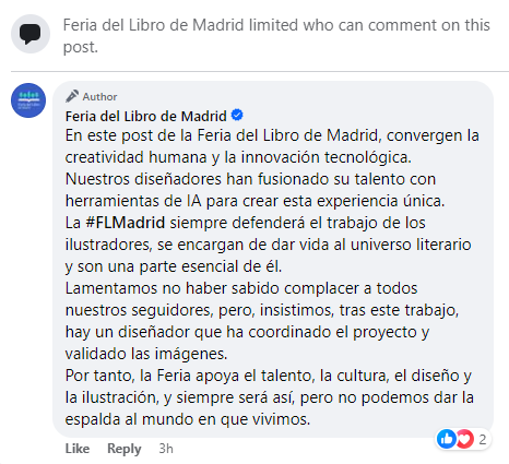 En su perfil de FB la <a href="/FLMadrid/">Feria del Libro de Madrid</a> también ha cerrado los comentarios. Respondemos por aquí: 

El "diseñador" que les validó las imágenes, está validando una maquinaria de robo y sustitución de sus propios colegas. Validar eso es todo lo contrario a defender el trabajo creativo.