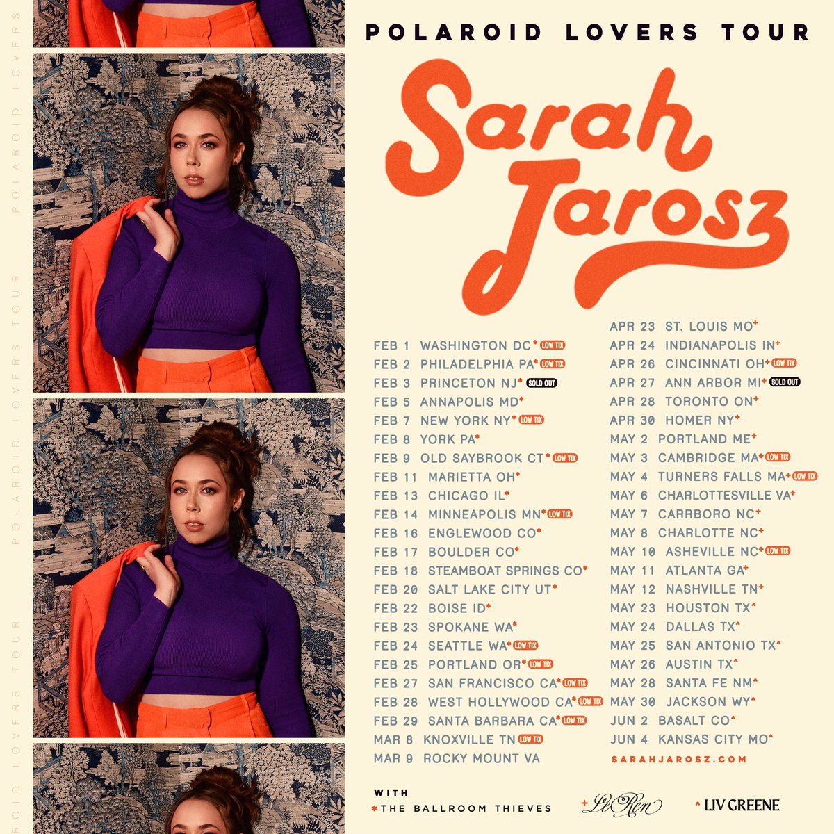 I’m excited to announce that these lovely folks will be kicking off the shows on the Polaroid Lovers Tour! 🧡 @BallroomThieves 🧡 Le Ren 🧡 @liv_greene_ Thrilled to have them along. Tickets are going fast! Head to my website to get yours.  🎟 sarahjarosz.com