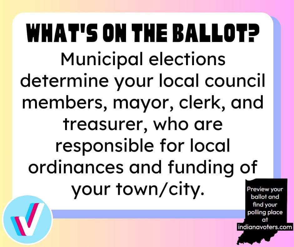 Early voting going on right now and Election day is November 7th. This will be your last chance to vote in your #MunicipalElection. 
Go to Indianavoters.com to find your polling location.