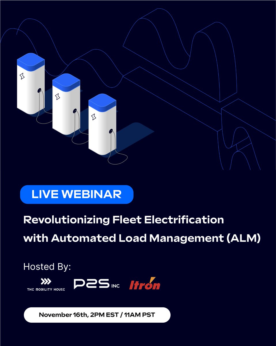 MobilityHouse's tweet image. Join our &quot;Revolutionizing Fleet Electrification with Automated Load Management (ALM)&quot; webinar to learn the secrets to powering advanced EV projects while overcoming grid challenges.
Featuring: @mobility_house, @P2S_inc, &amp;amp; @ItronInc on 11/16, 11 AM PST. #ALM #GridCapacity #EVFleet