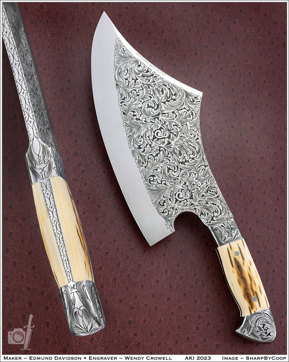 Feel the POWER! There is NO subtlety in this *integral* chopper by Edmund Davidson>

He drew upon talented engraver Wendy Crowell to spend MONTHS engraving this. 

10' BL / 15' OAL of CPM154 and mammoth ivory scales.

@ArtKnifeInvitational ROCKS it!