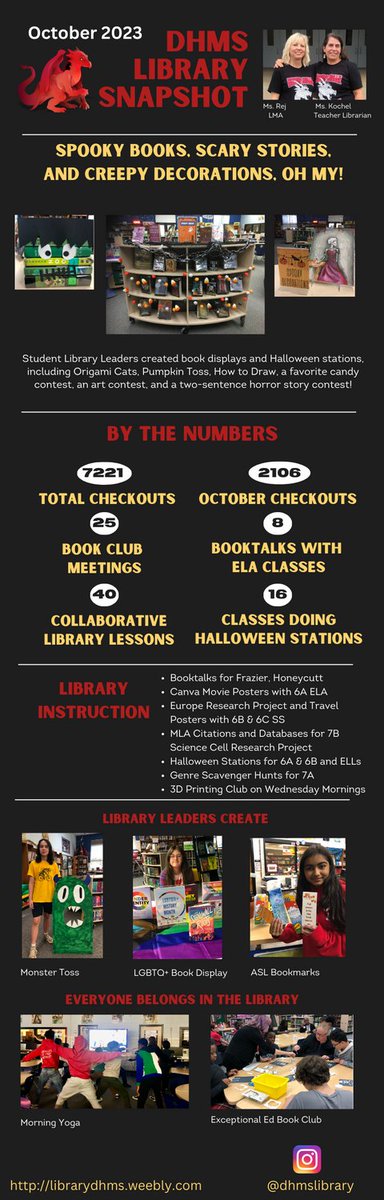 So much going on in October in the DHMS Library. We couldn't do it without our newly full-time LMA position. Thanks, Ms. Rej! @dcsdedmedia