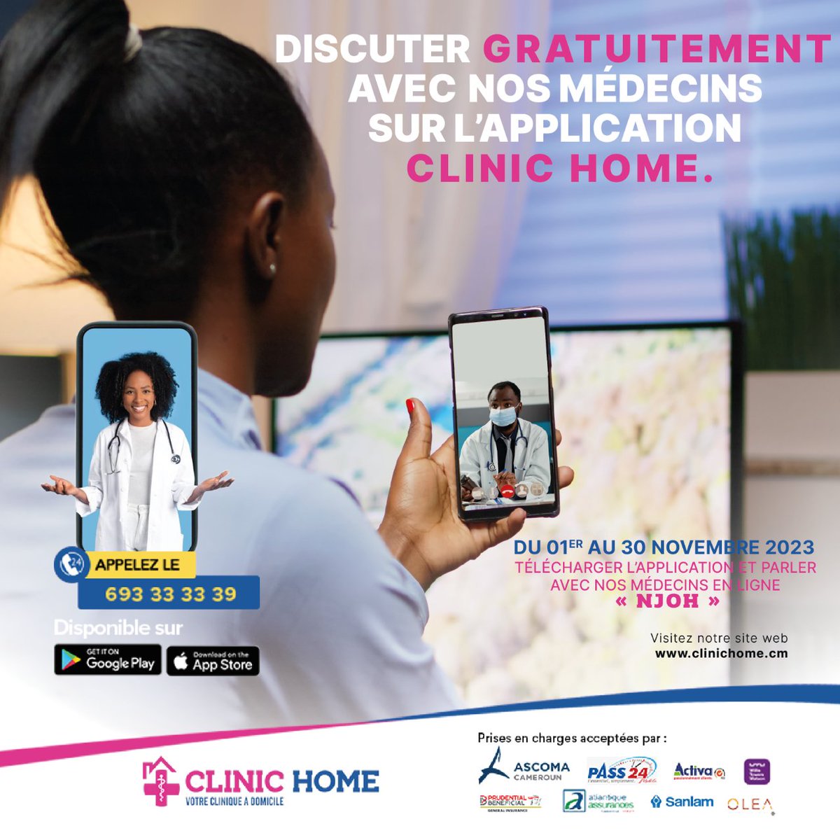 clinichome237's tweet photo. Le mois du "NJOH" du 1er au 30 Novembre 2023 discutez GRATUITEMENT avec nos médecins sur l'application Mobile CLINIC HOME.
Téléchargez et inscrivez-vous :
Pour Android , sur Play store : https://t.co/Vi643YCp1Y
Pour Iphone, sur App store : https://t.co/lrHk1vKTpa https://t.co/c24Ah12Z9N