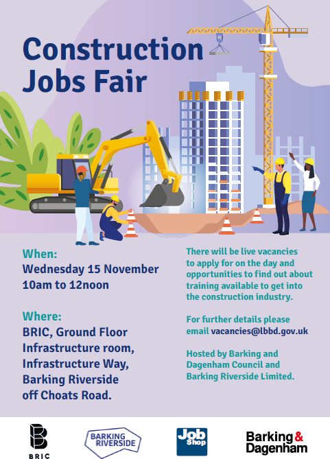 Fancy a career in construction? 👀 🚧 🏗️ 

Why not come along to our Construction Jobs Fair hosted by the Job Shop team at BRIC, Barking, on Wed 15 Nov, 10am - 12pm.

Don't miss out on live vacancies on the day PLUS more information on training to get you industry ready!