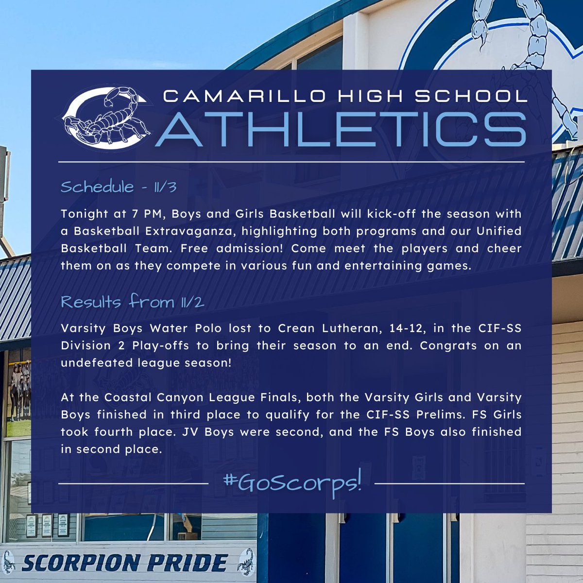 CAMARILLO HS ATHLETICS - 7PM TONIGHT: 🔹FREE admission: Boys & Girls Basketball kick-off season w/ Basketball Extravaganza, highlighting both programs & Unified team! Come meet the players & cheer them on as they compete in fun competitions! #GoScorps! @vcspreps @TheAcornSports