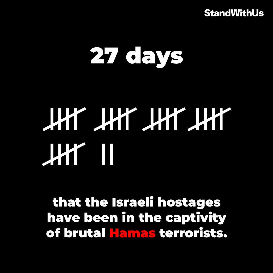 StandWithUs's tweet photo. 27 days that the #Israeli hostages have been in the captivity of brutal #Hamas terrorists. 27 days that they haven’t seen their loved ones. 27 days not knowing if they ever will again.
#BringThemHome https://t.co/2KDdh4GWu0
