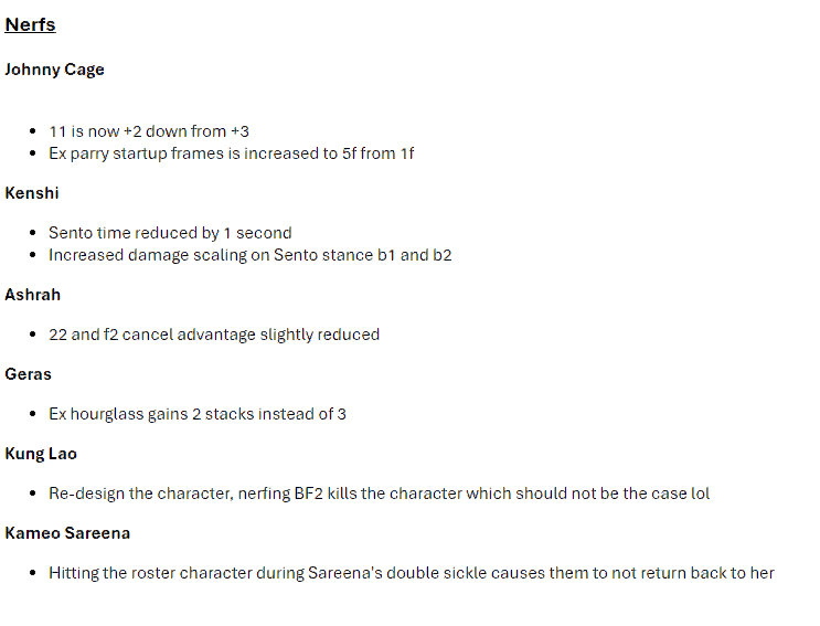 Dragon_FGC's tweet photo. My suggested changes/wish list for MK1. I didn't include Reptile or Havik in here as I'm not knowledgeable enough to give them any meaningful buffs. Also, after a discussion with @SonicFox , I now agree with them that Kameos in general should be stronger. Way more fun that way. https://t.co/dHQKfoPRpo