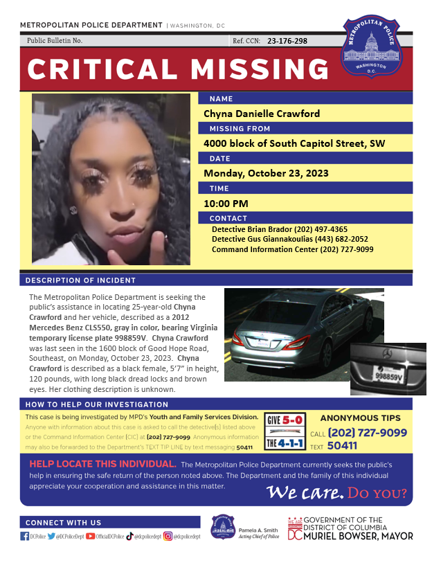 DCPoliceDept's tweet photo. MPD Searching for Critical Missing 25-year-old Chyna Crawford

Read more: https://t.co/hqsbBpM7YT https://t.co/XZwKCeT3U8