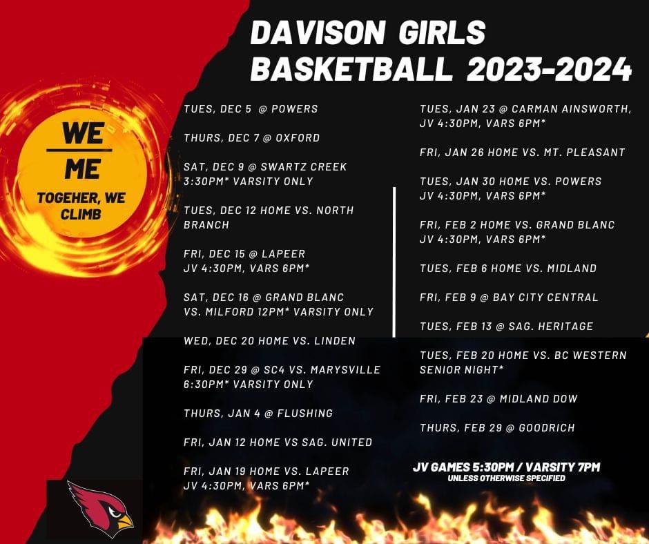 Davison Girls Basketball 2023-2034 season schedule. #weoverme #togetherweclimb