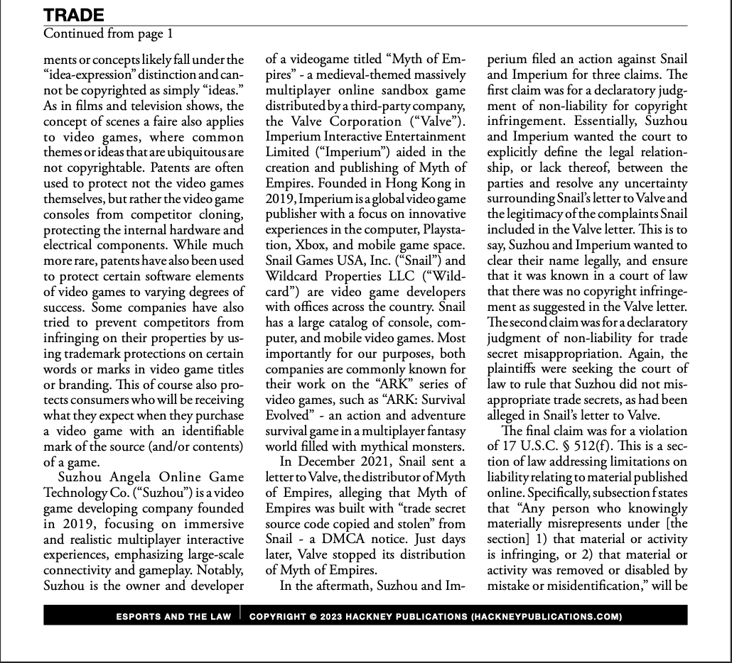 JasonReLaw's tweet photo. My latest article - Multiplayer Online Video Game "Myth of Empires" Sparks Copyright and Trade Secret Litigation Between Developers and Publishers." 

Check out the full edition of eSports and the Law at @EsportsandLaw by Hackney Publications https://t.co/fLA2BRnbKa