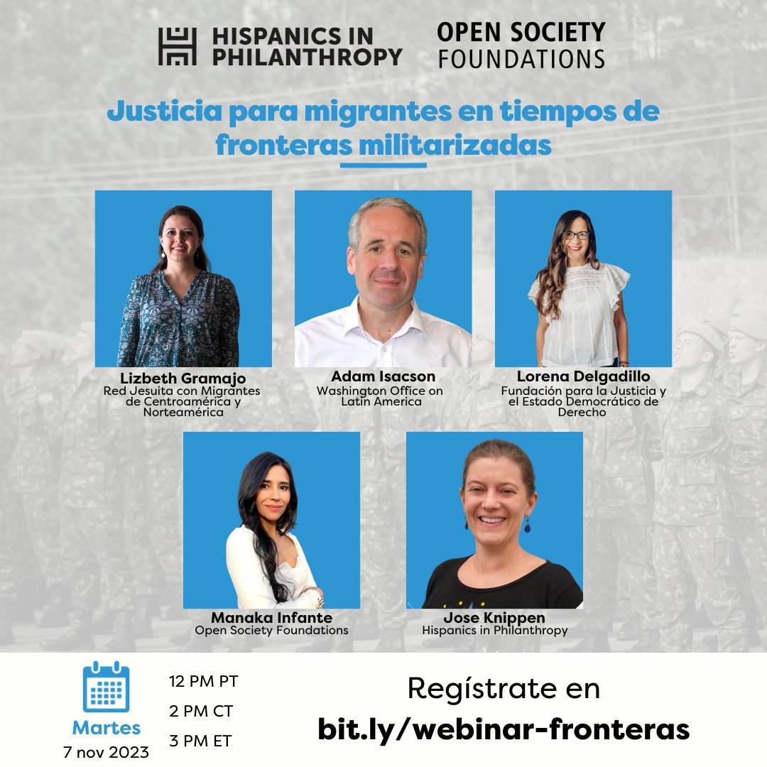 Te esperamos en nuestro Webinar: Justicia para migrantes en tiempos de fronteras militarizadas. Profundizaremos sobre la tendencia regional de militarización en las fronteras, sus riesgos e impacto en las personas en movimiento y comunidades. Martes 7 de noviembre 2 PM CT