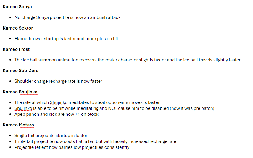 Dragon_FGC's tweet photo. My suggested changes/wish list for MK1. I didn't include Reptile or Havik in here as I'm not knowledgeable enough to give them any meaningful buffs. Also, after a discussion with @SonicFox , I now agree with them that Kameos in general should be stronger. Way more fun that way. https://t.co/dHQKfoPRpo