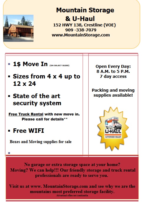 Take advantage of our current special on select units- $1.00 move in -first month #storage,#crestline,#