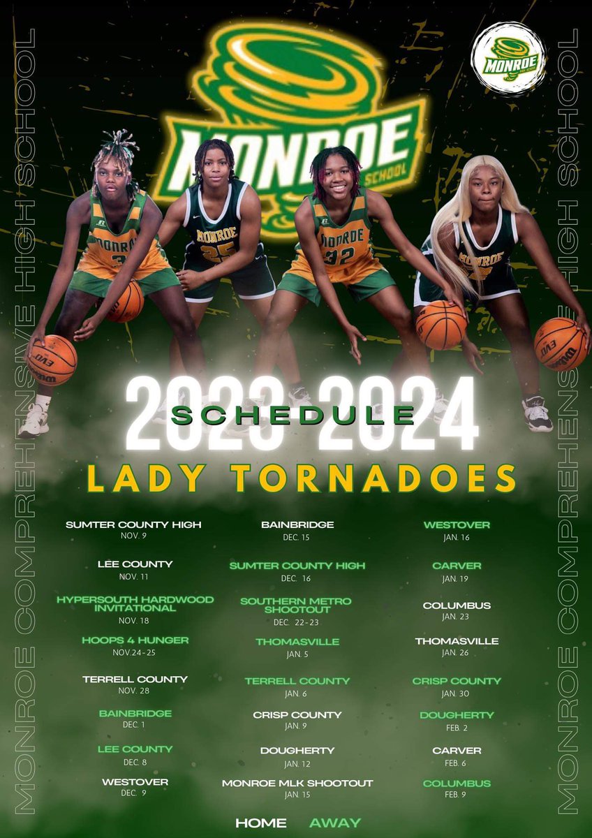 Your 2023-24 Monroe High School Lady Tornadoes basketball schedule!! Stay tune for some fantastic basketball!! If you would like to support these girls in any kind of way.. please get in touch with Head Coach <a href="/jenniferacree/">acree32</a> @ 912531732 or via email Jennifer.acree@docoschools.org