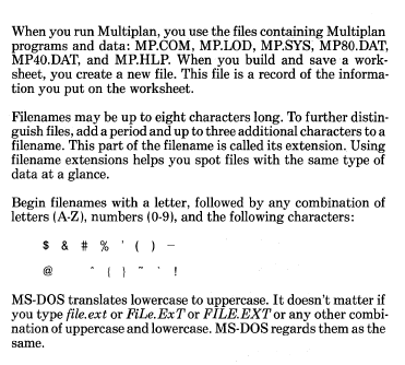 CHLThor's tweet image. A little #fileformat nugget of truth from the help section of Microsoft Multiplan 1. Ironic as the manual does not require the .MOD extension at this point. #digipres