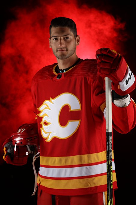 Nick DeSimone portrait photo in a red Flames jersey