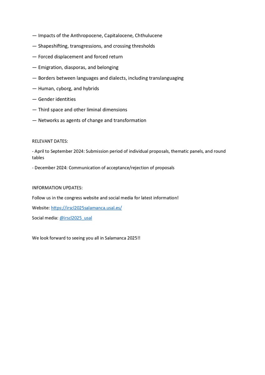Int'l Research Society for Children's Literature (@irscl_news) on Twitter photo #CFP: The 27th Biennial IRSCL Congress
Borders, Migration and Liminality in Children’s Literature
Deadline: September 2024
Location: the University of Salamanca (Spain)
Date: June 2025
Website: irscl2025salamanca.usal.es
<a href="/irscl2025_usal/">IRSCL2025 Salamanca</a> #CFP: The 27th Biennial IRSCL Congress
Borders, Migration and Liminality in Children’s Literature
Deadline: September 2024
Location: the University of Salamanca (Spain)
Date: June 2025
Website: irscl2025salamanca.usal.es
<a href="/irscl2025_usal/">IRSCL2025 Salamanca</a>