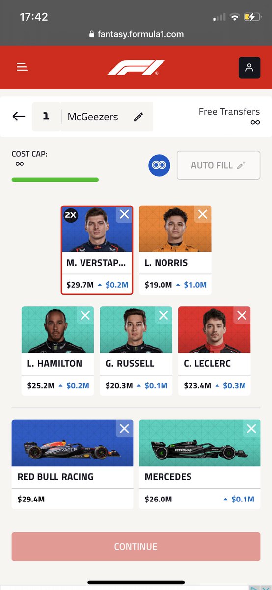 McGeezerF1's tweet photo. Locked in for Brazil 🔒🇧🇷
Limitless activated ♾️
Feel like the team mostly picks itself, can’t bring myself to own Perez again so Leclerc takes the final spot 🏎️
Hoping for some Merc magic 🩱
Good luck everyone!🍀

#F1 #F1Fantasy https://t.co/cL5jTPhiLB