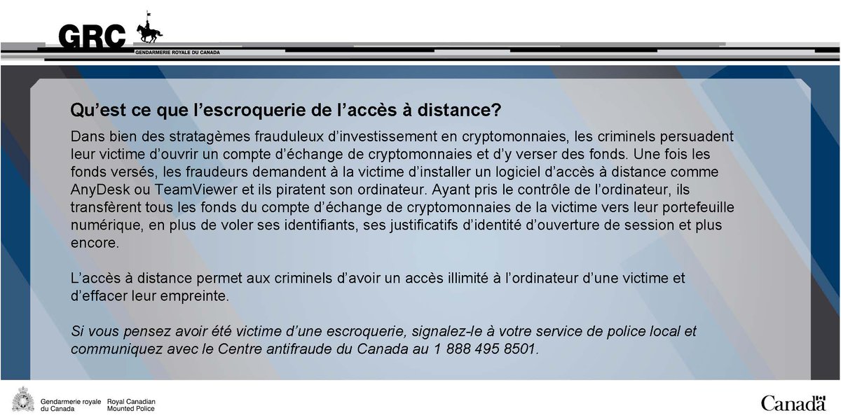 #EvitezLesArnaques : Ne donnez PAS d’accès à distance par Internet à des personnes inconnues.  

Pour en apprendre davantage sur les escroqueries liées aux cryptomonnaies : bit.ly/3l6S4A6.

 #DéNONcerLaFraude #MontreMoiLaFRAUDE