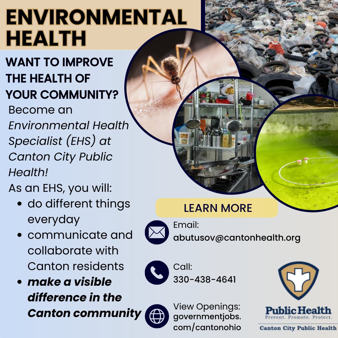 Improve health in the City of Canton, Ohio as an Environmental Health Specialist at Canton City Public Health!
Apply at: bit.ly/environmentalh…
Act fast! Posting closes at 11:59PM, Monday, Nov. 13th!
#cantonhealth #PublicHealthJobs #cantonohio #environmentalhealth