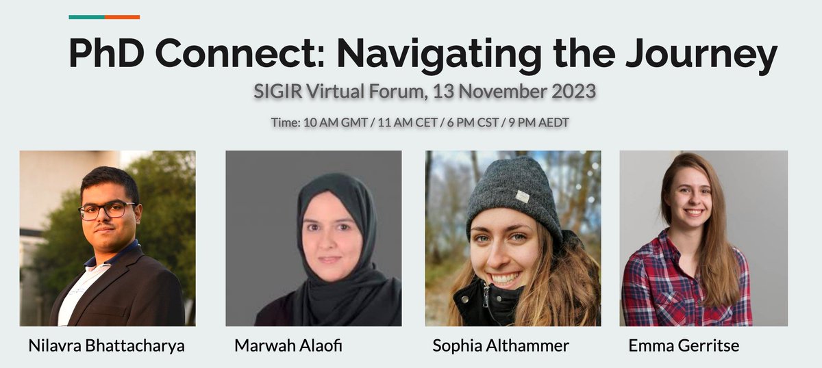 ACM SIGIR (@acmsigir) on Twitter photo We are happy to announce: "PhD Connect: Navigating the Journey," a one-hour SIGIR Virtual Forum event on Monday, November 13, 2023, 10 AM GMT. A platform for PhD students to connect, learn from each other, and gain insights.
Moderation: <a href="/AyahSoufan/">Ayah Soufan 🇵🇸</a> We are happy to announce: "PhD Connect: Navigating the Journey," a one-hour SIGIR Virtual Forum event on Monday, November 13, 2023, 10 AM GMT. A platform for PhD students to connect, learn from each other, and gain insights.
Moderation: <a href="/AyahSoufan/">Ayah Soufan 🇵🇸</a>