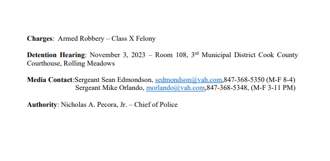 ArlHtsPOLICE's tweet photo. #ARLINGTONHEIGHTS - MEDIA RELEASE - Please see attached reference Arlington Heights Police Department Report #AHPD 23-001799 regarding an armed robbery at a Jewelry Store in the Downtown Arlington Heights Business District.
More info: https://t.co/5QazoxwV9R https://t.co/30geDFtn25