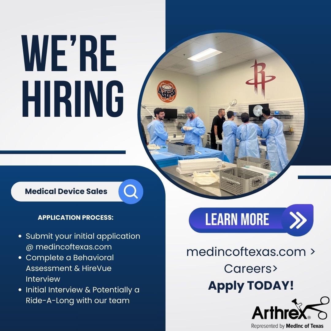 MedincT's tweet photo. MedInc of Texas is hiring! Interested in learning more? Go to https://t.co/SWZ9wU0zoU to see our open positions!

#arthrex #arthrexagency #meddevicesales #houstontx #medicalsalescollege https://t.co/Sg2ueFazC1
