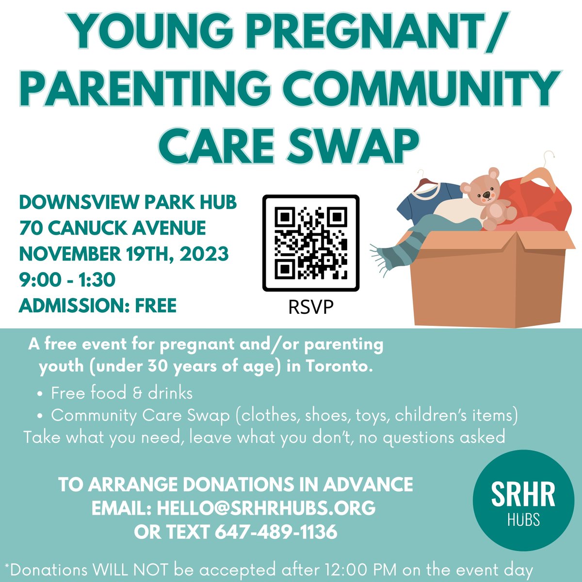 Don't forget about our upcoming Pregnant and/or Parenting Youth Community Care Swap!

📆November 19th 2023
⏰9:00 - 1:30 
🎟RSVP: docs.google.com/forms/d/e/1FAI…