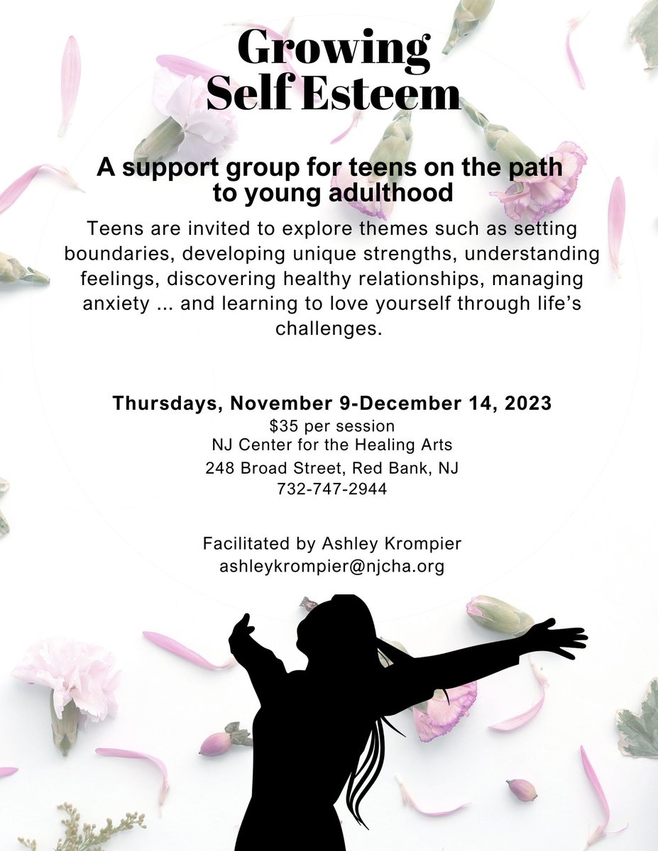 NJCHA's tweet image. Starting 11/9, our team member, Ashley Krompier, will be facilitating a Growing Self Esteem teenager support group! If interested, pre-register now for a discount by emailing Ashley or calling the center directly at 732-747-2944. We are looking forward to seeing you there!