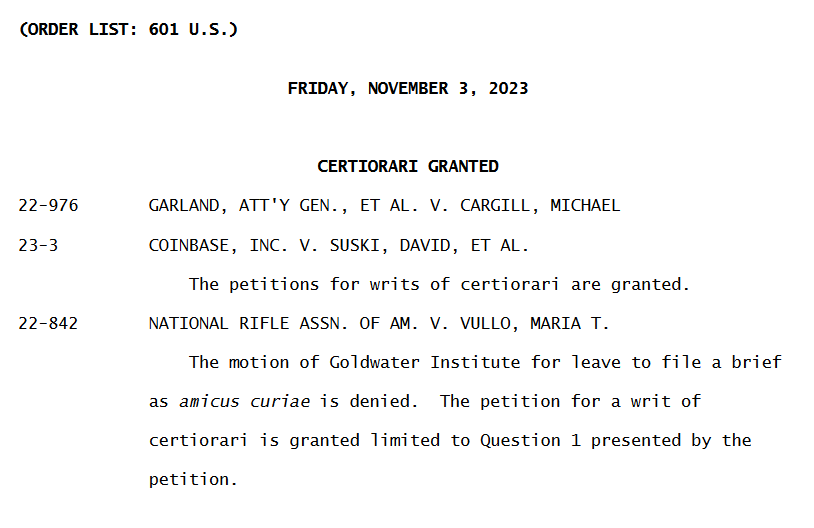 LEGAL ALERT: The Supreme Court has granted the cert petitions in a lawsuit challenging the federal bump stock ban and a First Amendment lawsuit involving the NRA's speech.