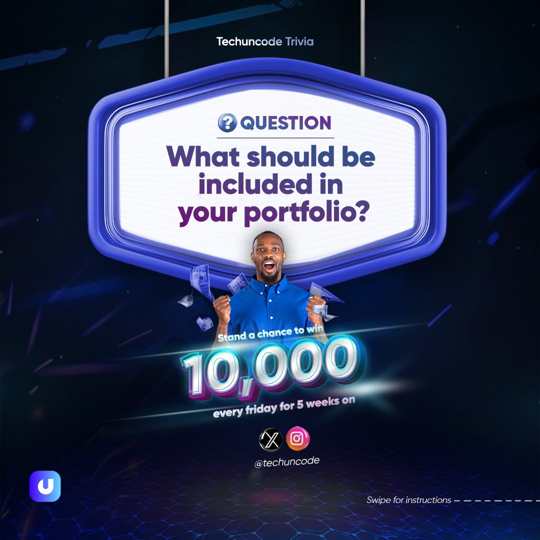 techuncode's tweet image. Techuncode Trivia!
Week 2
According to the article, what should be included in your portfolio?
Hint: they’re 3 items 😎
Swipe to see the instructions.
The correct answer with the most likes by 5pm next Thursday wins. Simple!
#techuncode #TechuncodeTrivia
