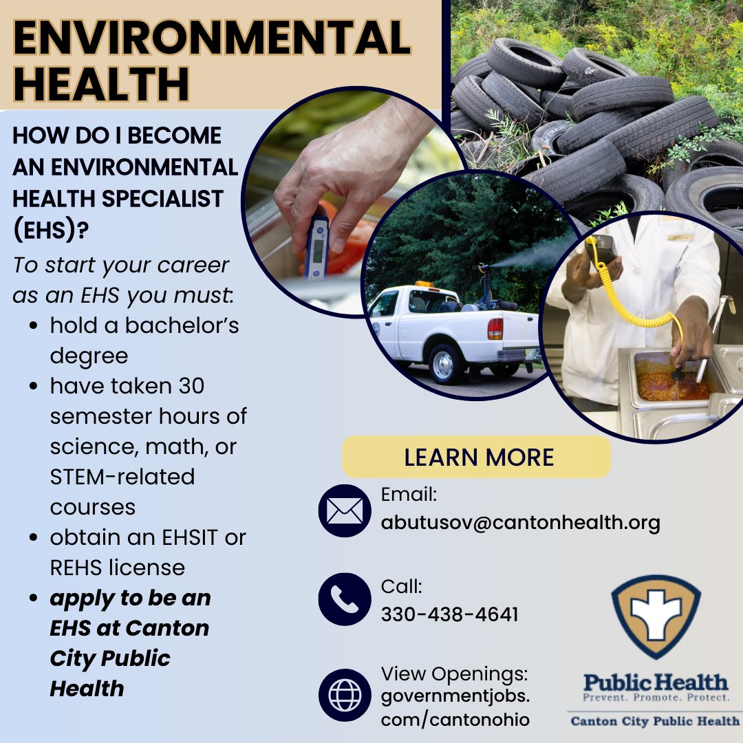 College graduate? Interested in a job where you can make a difference in the community where you work? 
Apply to become an Environmental Health Specialist at: bit.ly/environmentalh…

#cantonhealth #PublicHealthJobs #cantonohio #publichealth #environmentalhealth