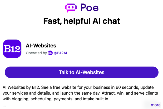 b12's tweet image. Our AI Websites bot is live on
@poe_platform! This might be the easiest way yet to create a free AI website that&apos;s polished and professional. Tell Poe the name of your business with a brief description, and in seconds, get a link to your new site. 🤖📷🌟 
poe.com/AI-Websites