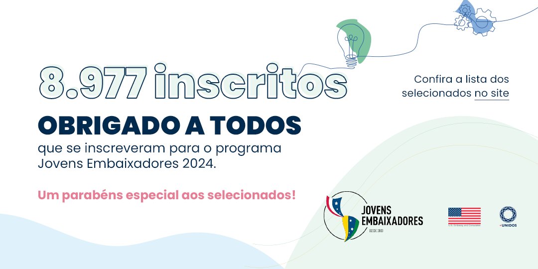 Obrigado às 8.977 pessoas que se inscreveram no programa Jovens Embaixadores 2024! Recebemos candidaturas de estudantes de todo o Brasil, e os 46 selecionados irão para intercâmbio de curta duração nos EUA no ano que vem. Confira quem são: bit.ly/46R6asH