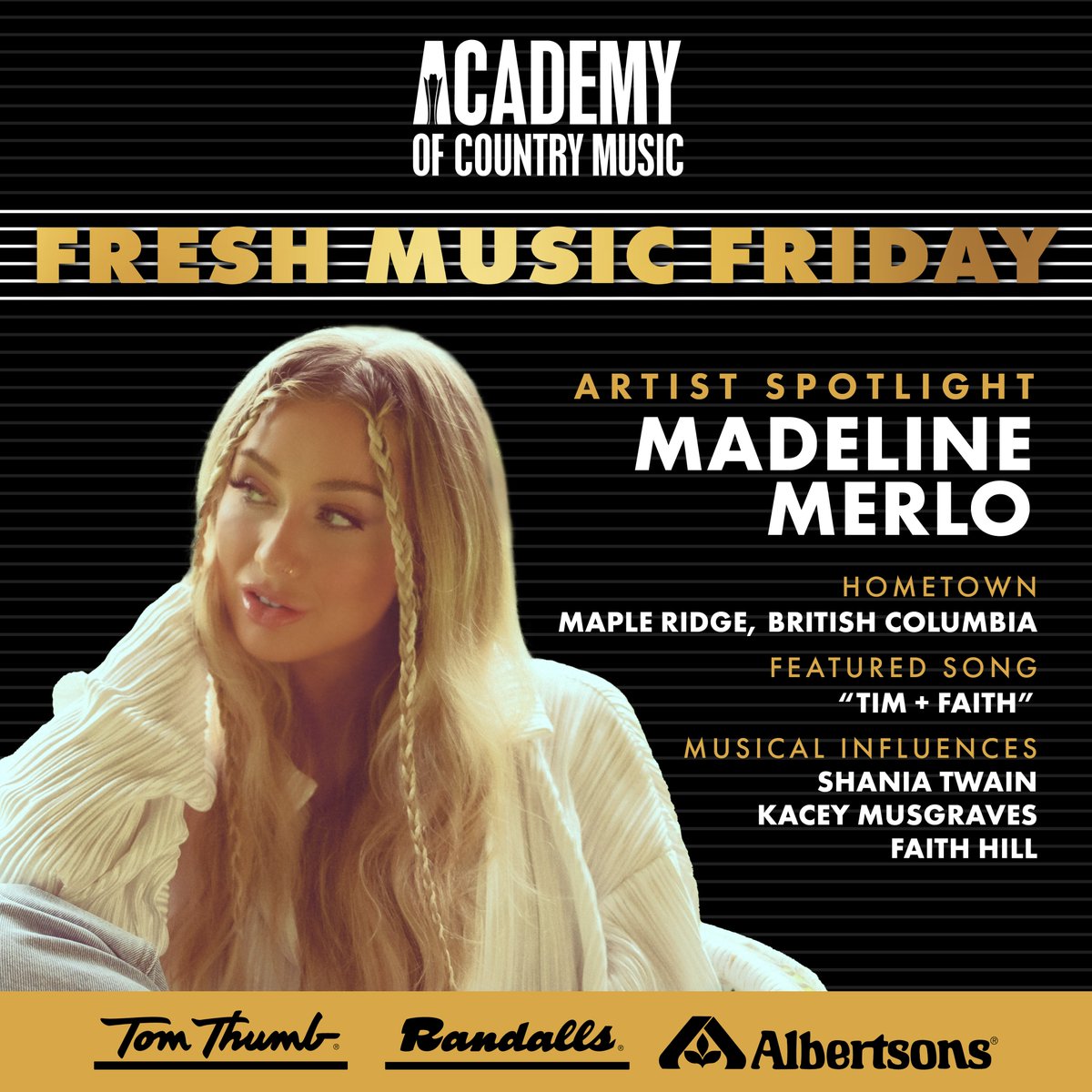 Canadian Country singer-songwriter @madelinemerlo is taking the #FreshMusicFriday Artist Spotlight this month! ✨ Hear her music and more in our playlist sponsored by @TomThumb_Stores, @Randalls_Stores, and @Albertsons! Listen on @amazonmusic, @AppleMusic, @pandoramusic, and…