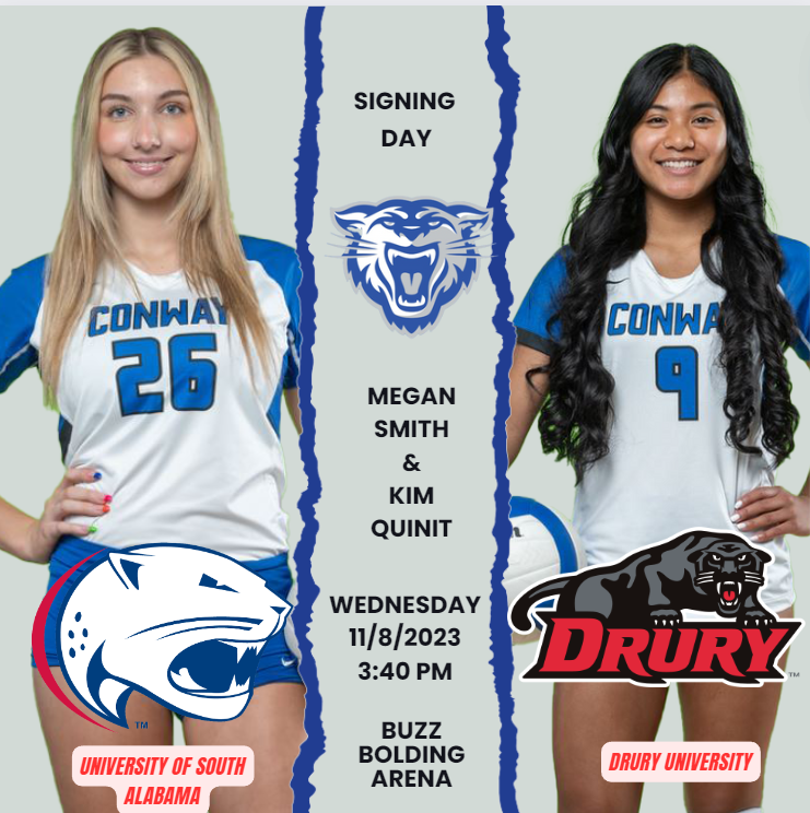 Megan Smith 🏐 🐆 (@msmithvball2024) on Twitter photo Signing Day! Wednesday 3:40 in Buzz Bolding Arena!!!
<a href="/ConwayAthletics/">Conway Wampus Cats</a>
<a href="/arpreps/">ARpreps</a>
<a href="/ARPrepSports/">Arkansas Prep Sports</a>
<a href="/AVCAVolleyball/">AVCA</a>
<a href="/SouthAlabamaVB/">South Alabama Volleyball🏐</a>
<a href="/DruryVolleyball/">Drury Volleyball</a>
<a href="/SBLiveARK/">Arkansas High School On SI</a>
<a href="/PrepDig/">Prep Dig 🏐</a>
<a href="/PrepVolleyball/">PrepVolleyball.com</a> Signing Day! Wednesday 3:40 in Buzz Bolding Arena!!!
<a href="/ConwayAthletics/">Conway Wampus Cats</a>
<a href="/arpreps/">ARpreps</a>
<a href="/ARPrepSports/">Arkansas Prep Sports</a>
<a href="/AVCAVolleyball/">AVCA</a>
<a href="/SouthAlabamaVB/">South Alabama Volleyball🏐</a>
<a href="/DruryVolleyball/">Drury Volleyball</a>
<a href="/SBLiveARK/">Arkansas High School On SI</a>
<a href="/PrepDig/">Prep Dig 🏐</a>
<a href="/PrepVolleyball/">PrepVolleyball.com</a>