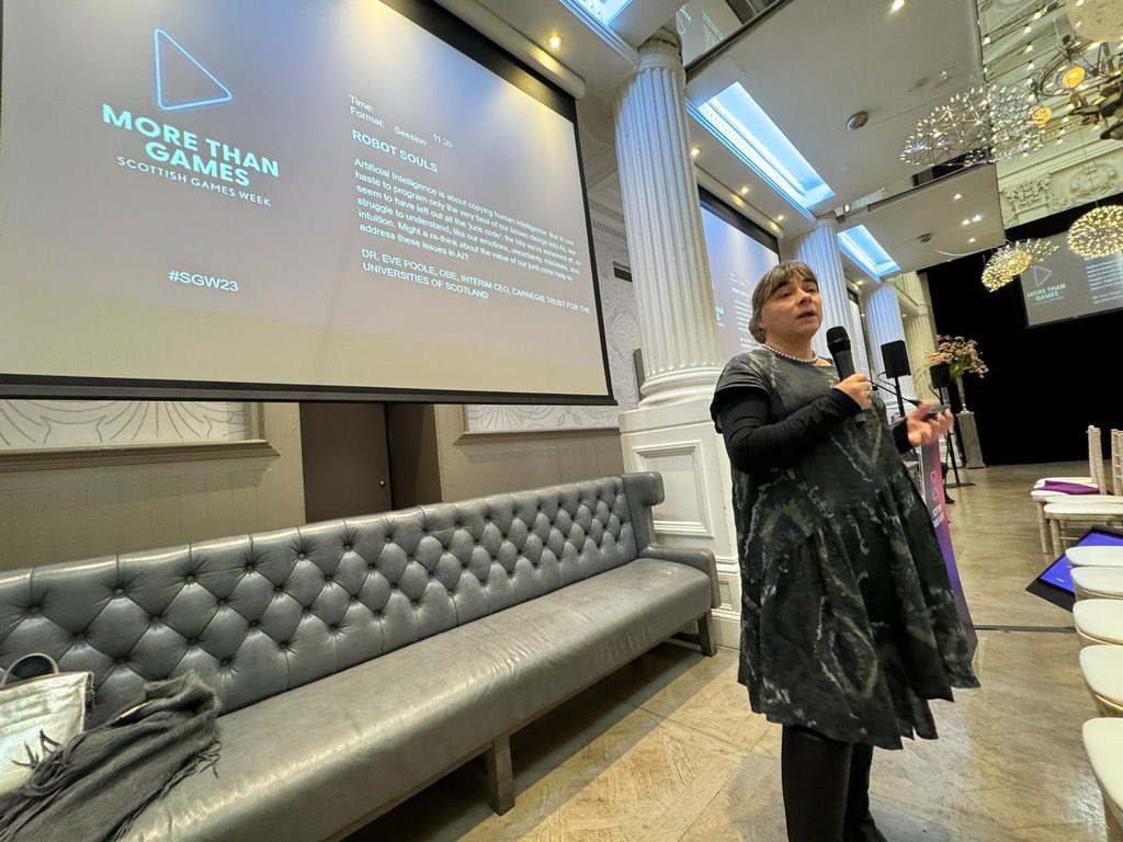 <a href="/evepoole/">Eve Poole</a> today at More Than Games sharing her insights into #AI.

Two of the biggest design problems in Artificial Intelligence are how to build robots that behave in line with human values and how to stop them ever going rogue. #SGW23 #MTG