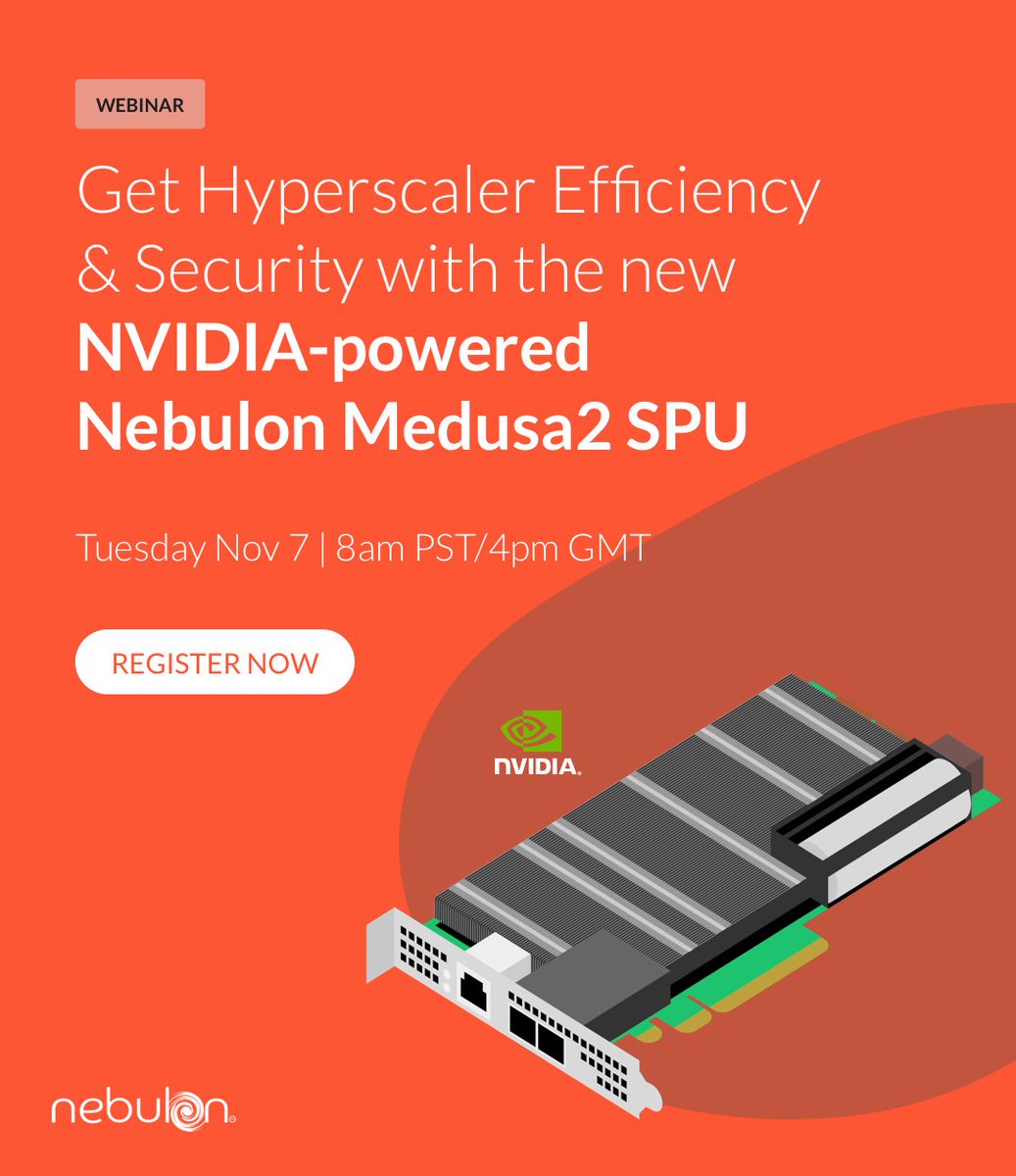 Join the webinar with <a href="/NebulonInc/">Nebulon</a> and @NVIDIA to learn about the first and only converged infrastructure DPU to unify storage, cyber and networking services on a secure, cloud-managed, server-embedded PCIe card.

Register Here 👉 bit.ly/40ocNA8