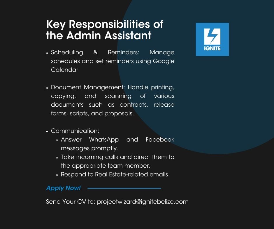 ignitebelize's tweet photo. 🔍💼 Got skills in organization &amp; social media? IGNITE needs you! 💌 Send your CV to projectwizard@ignitebelize.com and let's make great things happen together! ⚡️
#IGNITEbelize #NowHiring #AdminAssistant https://t.co/GWcIyj0Nxc