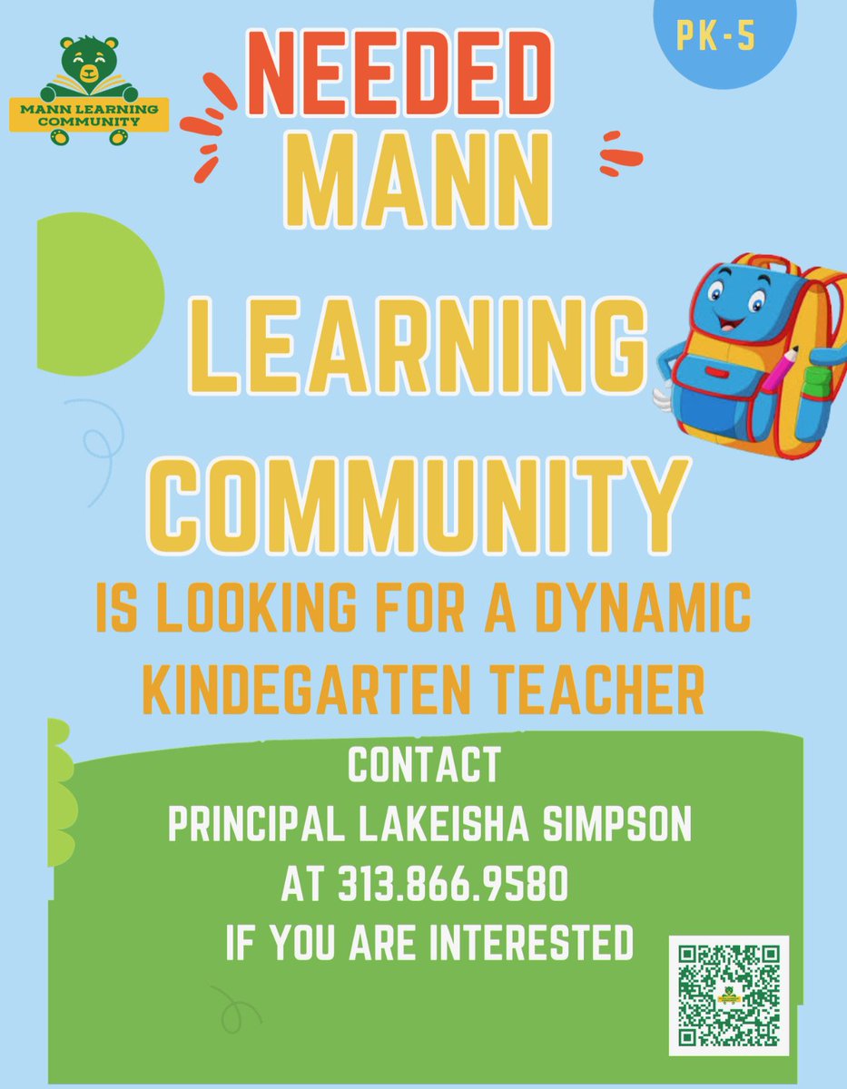 MannLearningCom's tweet image. We are looking for a dynamic kindergarten teacher to join the Mann Family! Please contact Principal Simpson at the school at 313.866.9580 if you are interested!