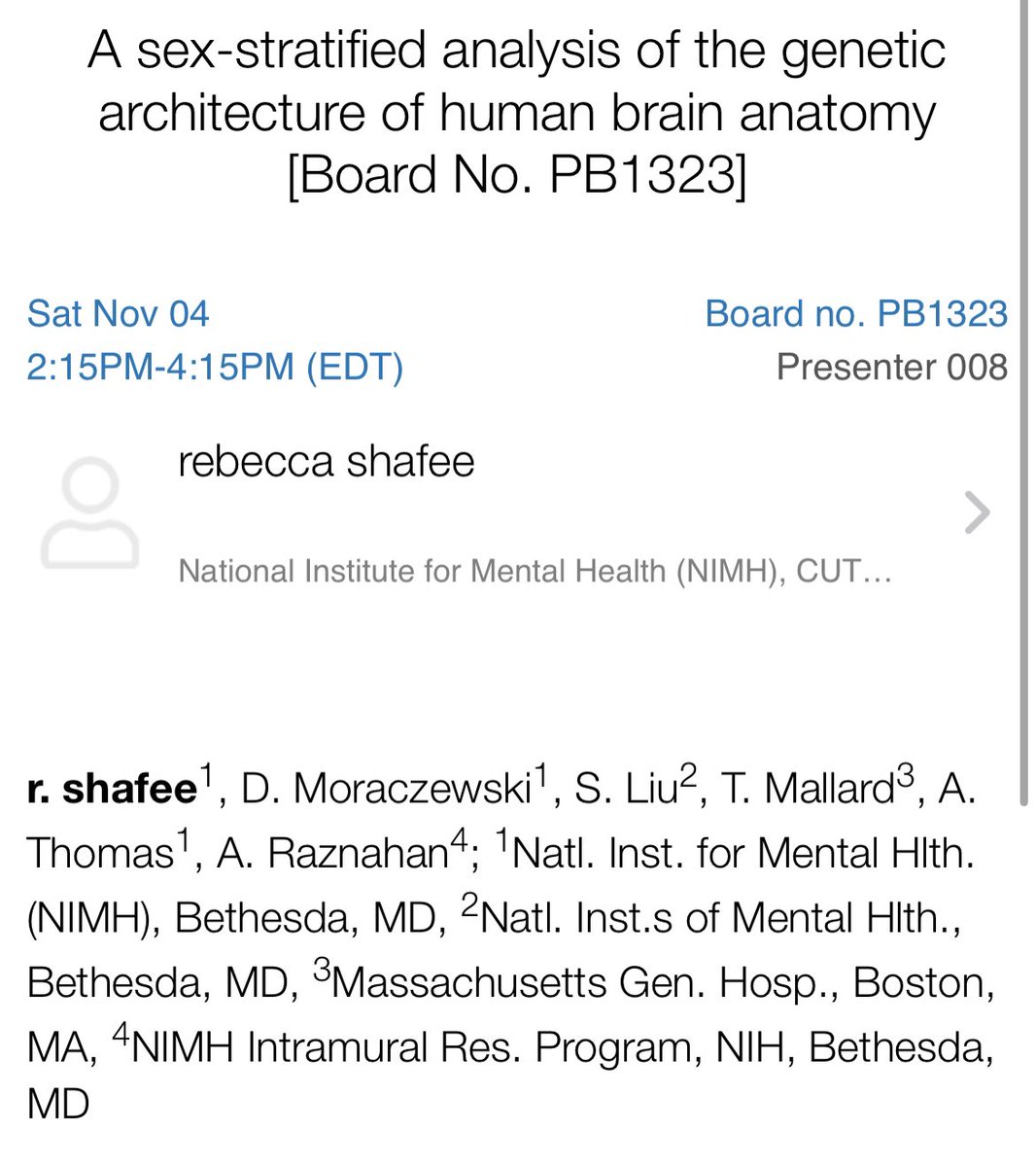 Excited to present our work on sex difference in the common genetic architecture of brain anatomy at tomorrow’s poster session at #ashg2023. Poster # pb1323, 2:15 pm -4:15 pm.