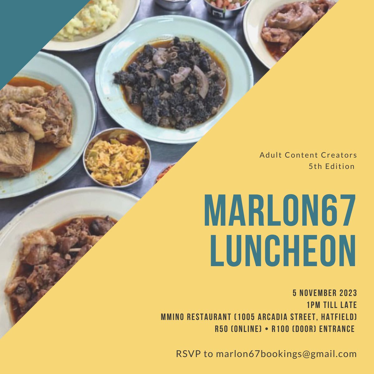 marlon67_'s tweet photo. Enjoying a delightful Sunday luncheon with Marlon and guests at #Marlon67Luncheon 💛🍽️

Tickets (R50): https://t.co/QhoRNrZlci

Door (R100)

SEE YOU SUNDAY??? https://t.co/oWUV9yUKHf