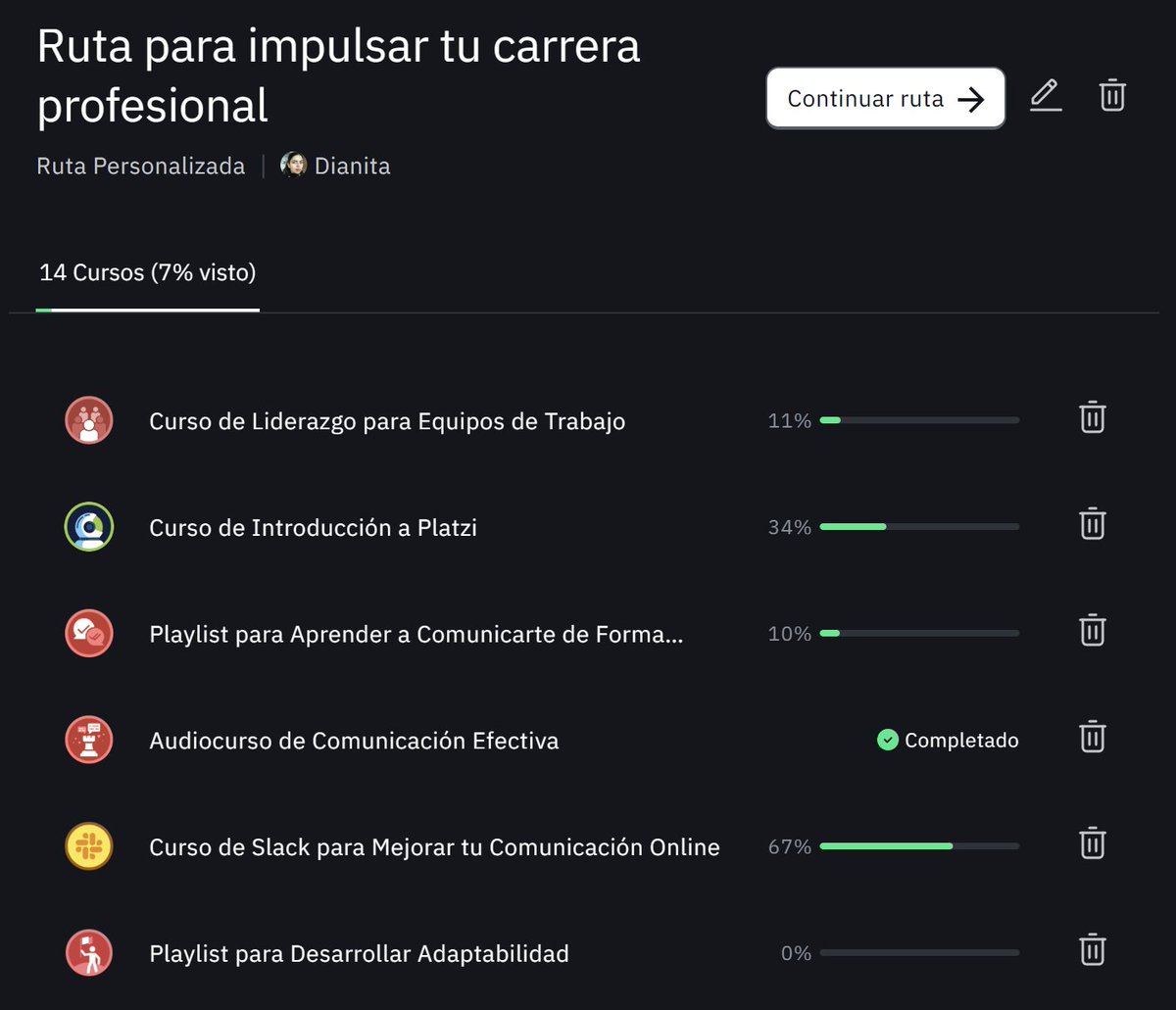 5. Avanza en tu carrera

Dale clic en "comparte" a tu ruta de aprendizaje personalizada para copiar el link.

Guárdala y pega el link en este hilo para que más personas se animen a crear la suya.

Lo más importante: Empieza a aprender y comprométete con tu carrera profesional 💚