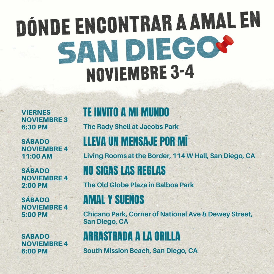 Amal is in SAN DIEGO for two days full of inspiration, art &amp; community! Everyone is welcome to WALK WITH AMAL.

¡Amal está en SAN DIEGO para pasar dos días llenos de inspiracíon, arte y comunidad! Todos son bienvenidos a CAMINAR CON AMAL 👇🏽

#littleamal #SanDiego #Cali