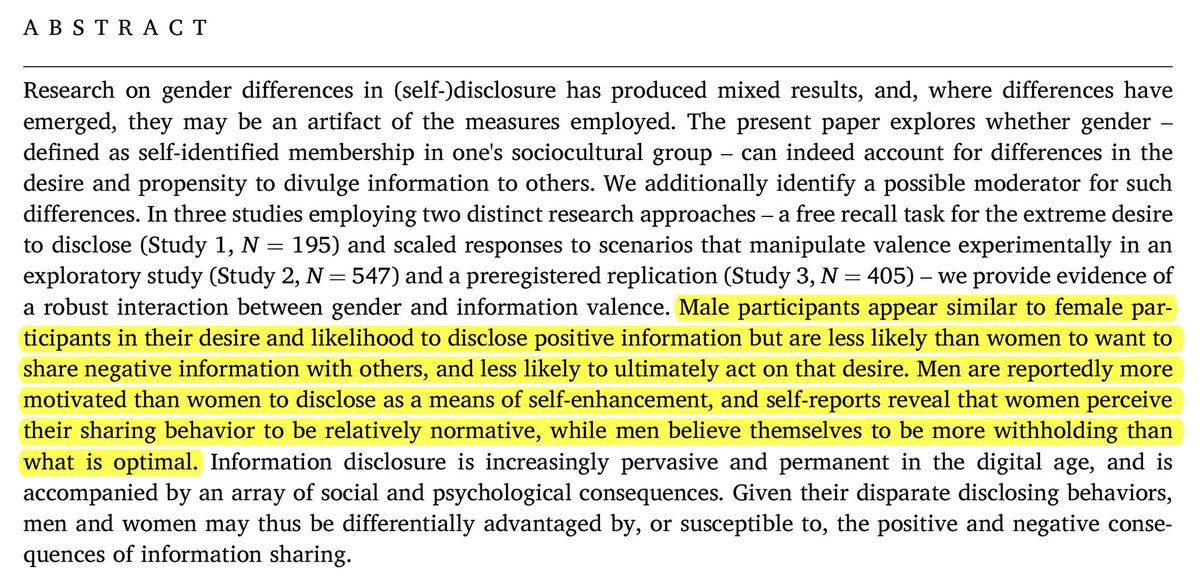 Men are less willing than women to share negative information about themselves; the sexes don’t differ in their willingness to share positive information. doi.org/10.1016/j.jesp…