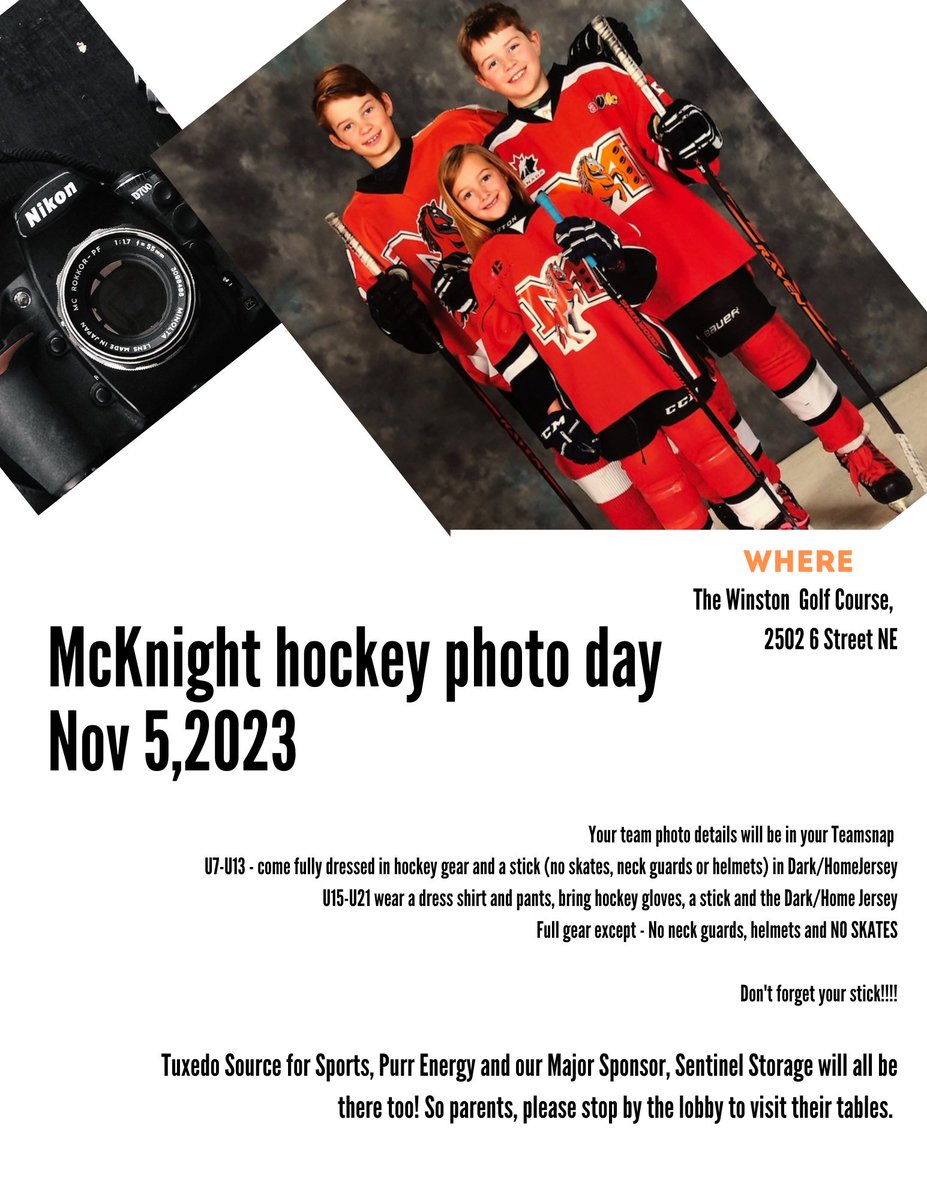 Smile!  McKnight Hockey photo day is this Sunday!  Team times will be in your Teamsnap details!

#mcknighthockeyassociation #photoday #minorhockey #sentinelstorage #purrenergy #tuxedosourceforsports

<a href="/sentinelstorage/">Monty</a>
