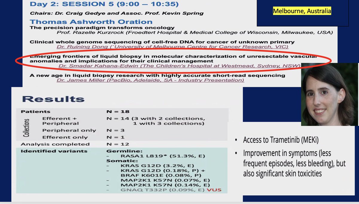 Wow!

Great talk by Kahana-Edwin
AV malformations have KRAS mutations and respond to the MEK inhibitor trametinib.
🎯Hitting the target 
🎯Precision medicine beyond oncology