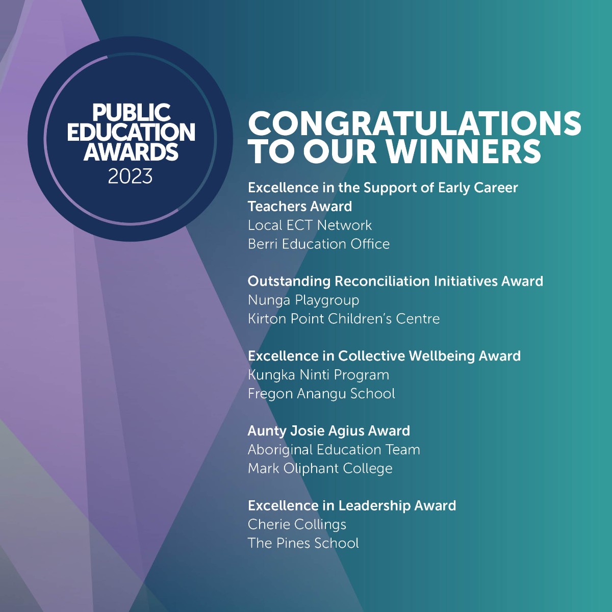 Congratulations to all the winners from last night’s Public Education Awards! 🥳 🏆
#PEA2023 #Education #SouthAustralia