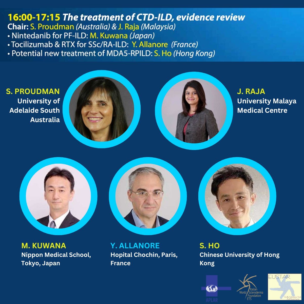 📚 Brace yourselves for an in-depth exploration of the latest treatments for Connective Tissue Disease-Associated Interstitial Lung Disease (CTD-ILD)! Moderated by S. Proudman and J. Raja , this session promises to be a game-changer. Here's a sneak peek at our stellar lineup!