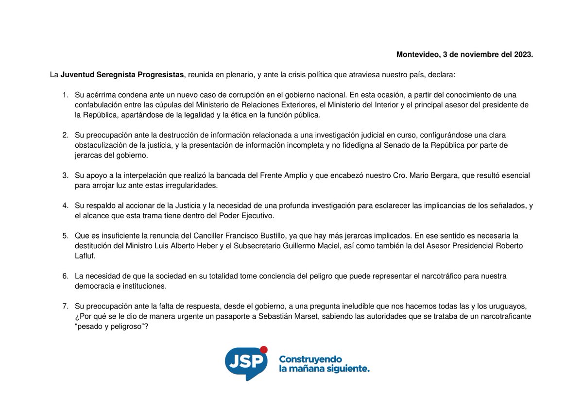 Declaración de la Juventud Seregnista Progresista sobre los hechos que han tenido lugar en los últimos días.